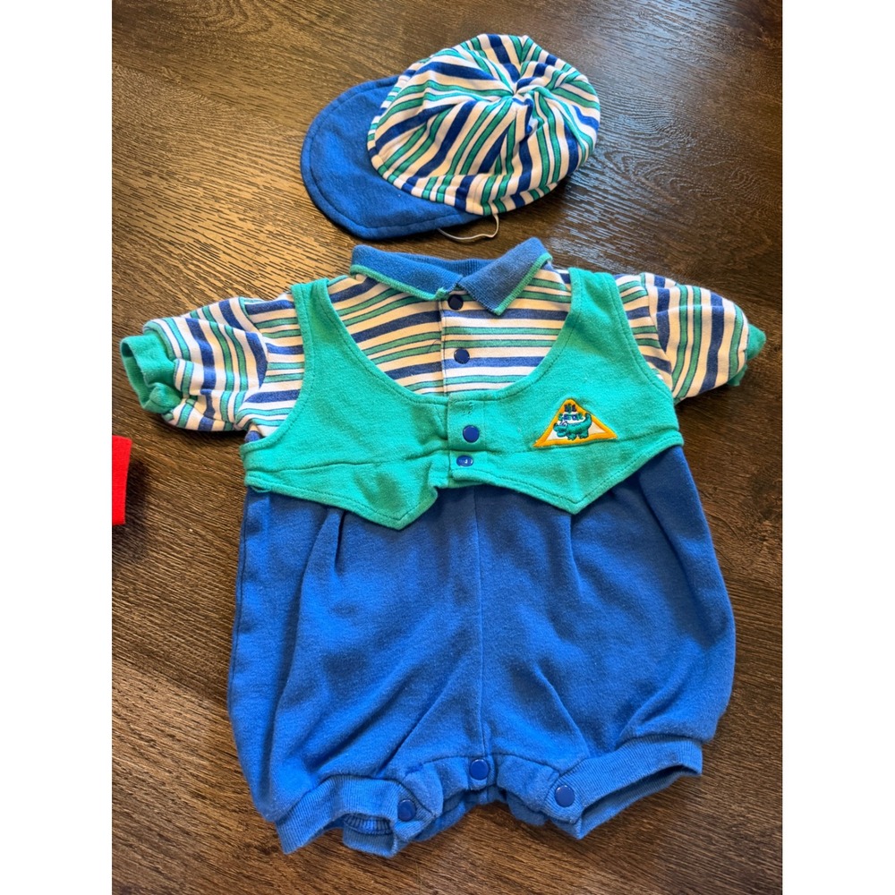 Vintage Happy Baby Blue Striped Romper with Matching Hat Dinosaur Patch 3-6M